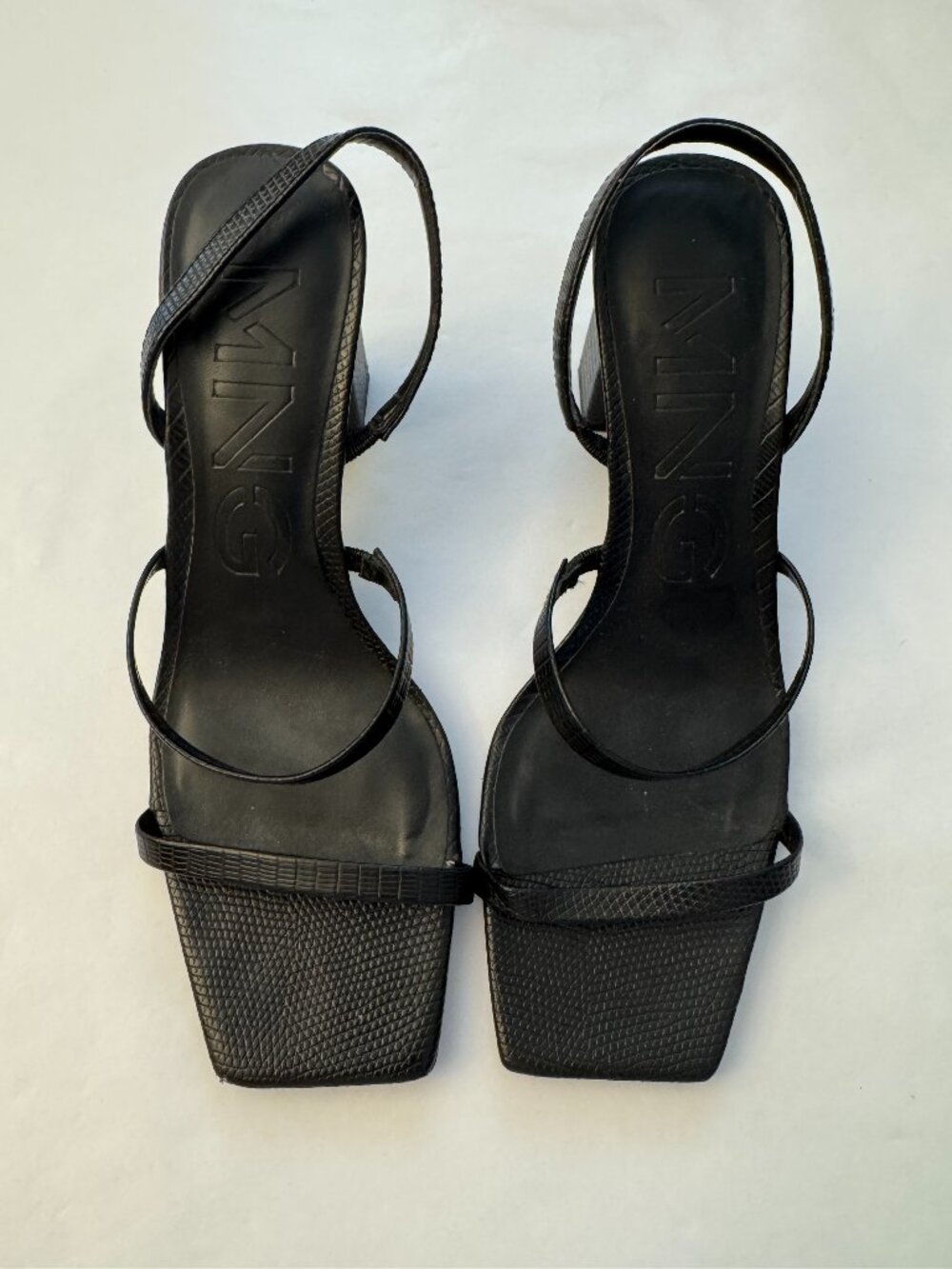MNG Mango Black Strappy Square Toe Block Heel Slingback Sandals EU 37 US 6.5